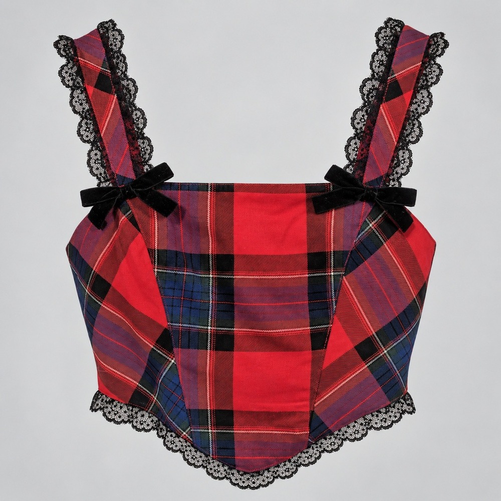 Kimchi Blue Perfectly Precious Plaid Bustier Corset Top S Red Bow Punk Coquette